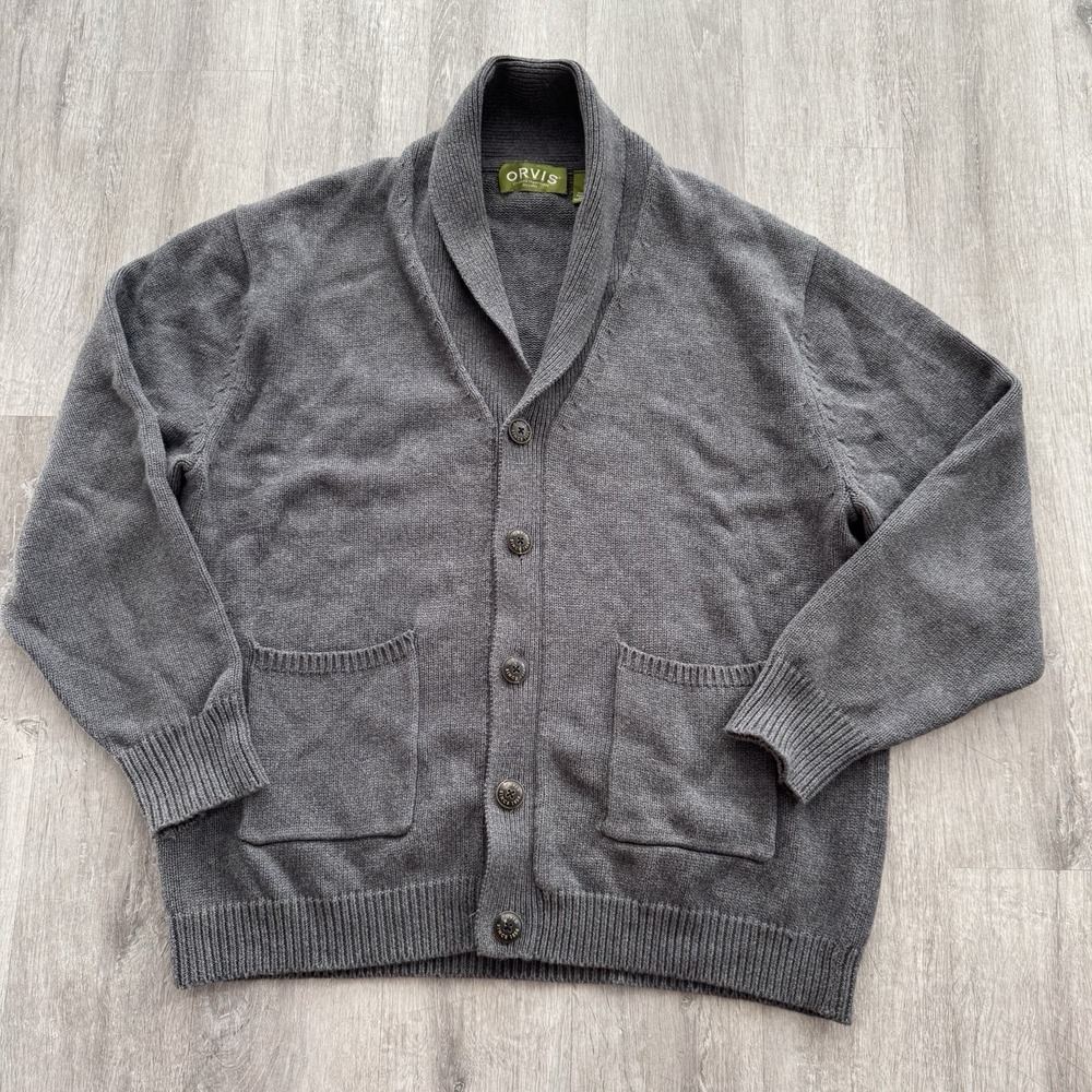 Orvis Sweater Mens Large Gray Button Front Cardigan Pockets Knit Heavy Cotton